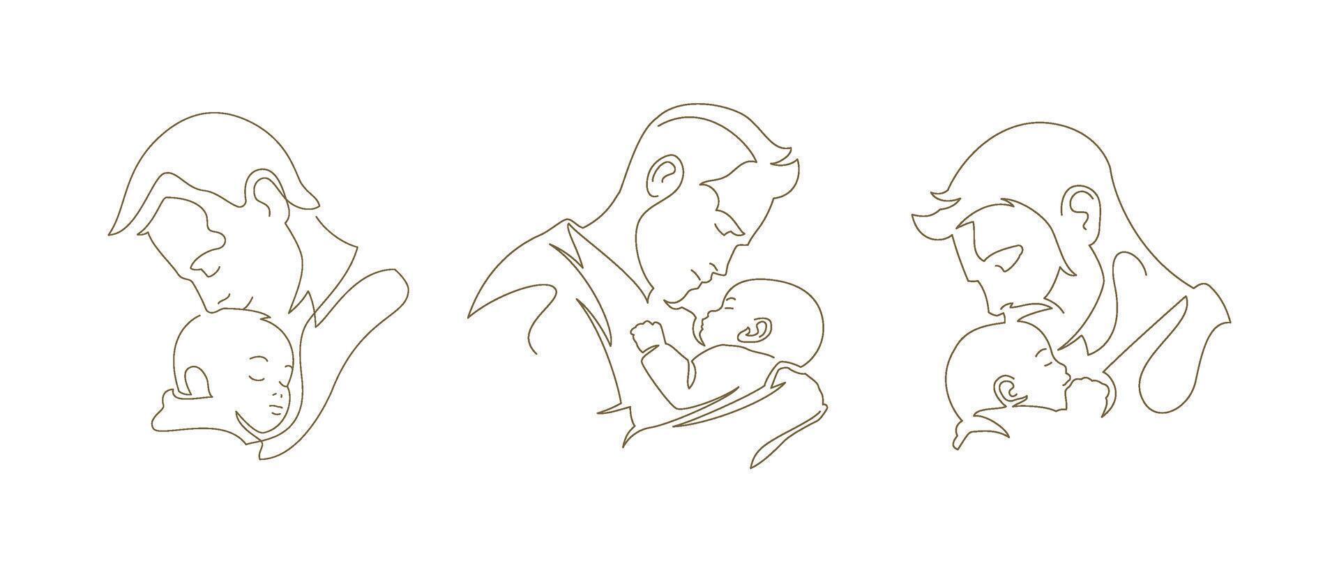 Father hugging kissing newborn little son love and tenderness continuous line art logo set vector