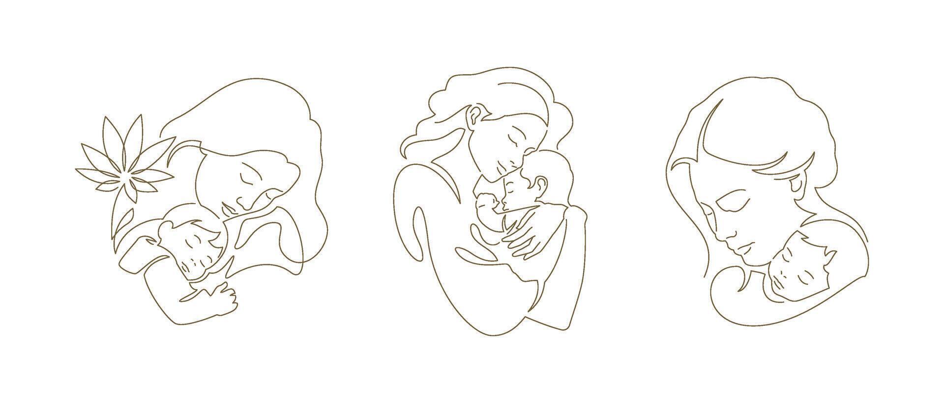 Mother's Day mother embracing little son kid with tenderness continuous line art logo set vector