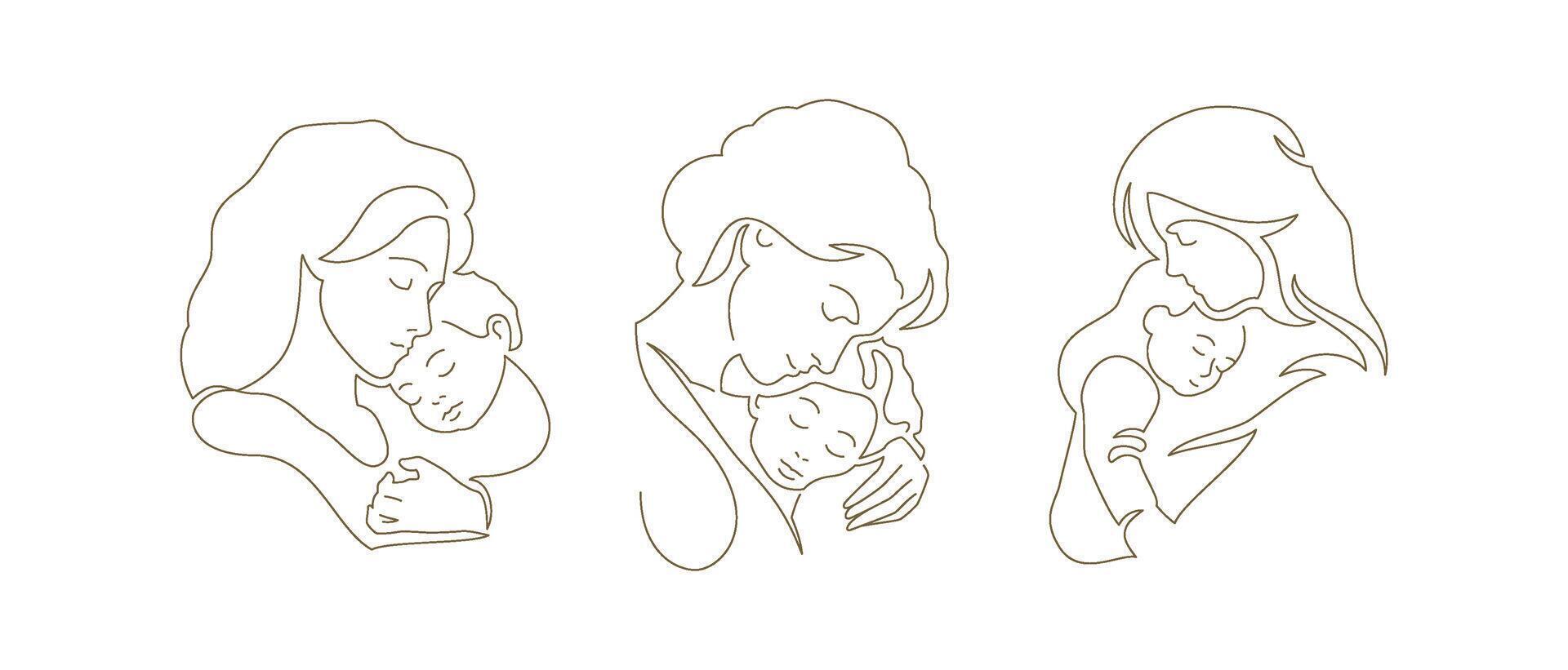 Mother hugging little kid son daughter with love best feelings continuous line art logo set vector