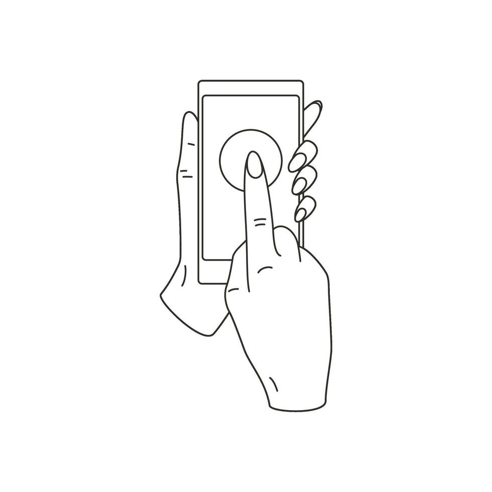 Woman user hand click circle button on smartphone touch screen minimalist line art icon vector
