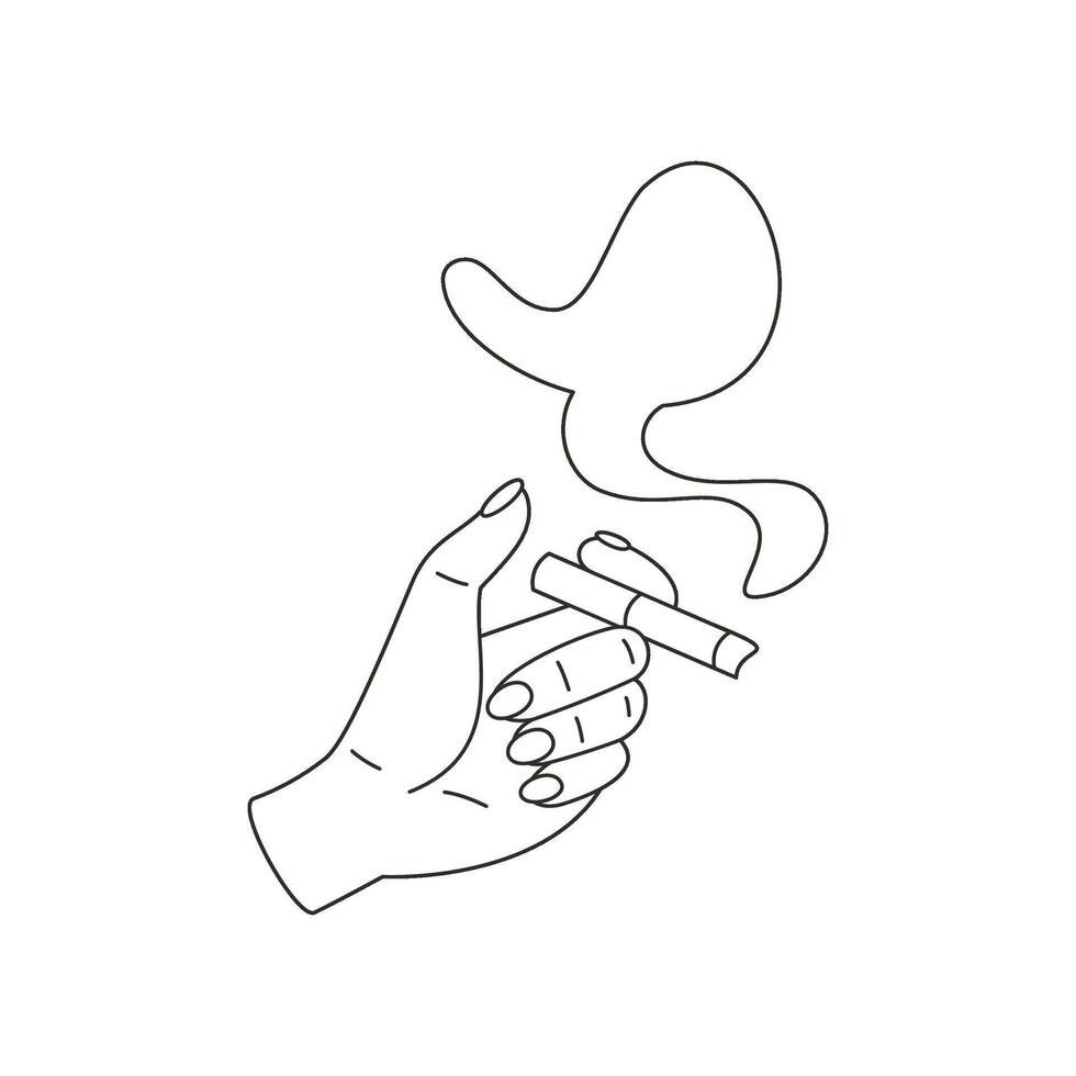 Woman hand holding cigarette with smoke concept of smoking bad habit minimalist line art icon vector