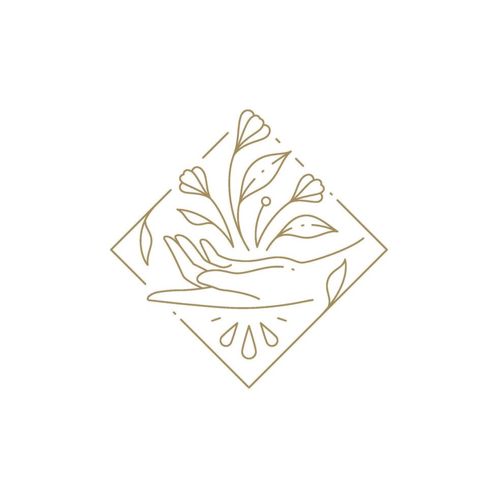 Minimalist human hand surrounded by blossom spring flowers golden frame linear icon vector