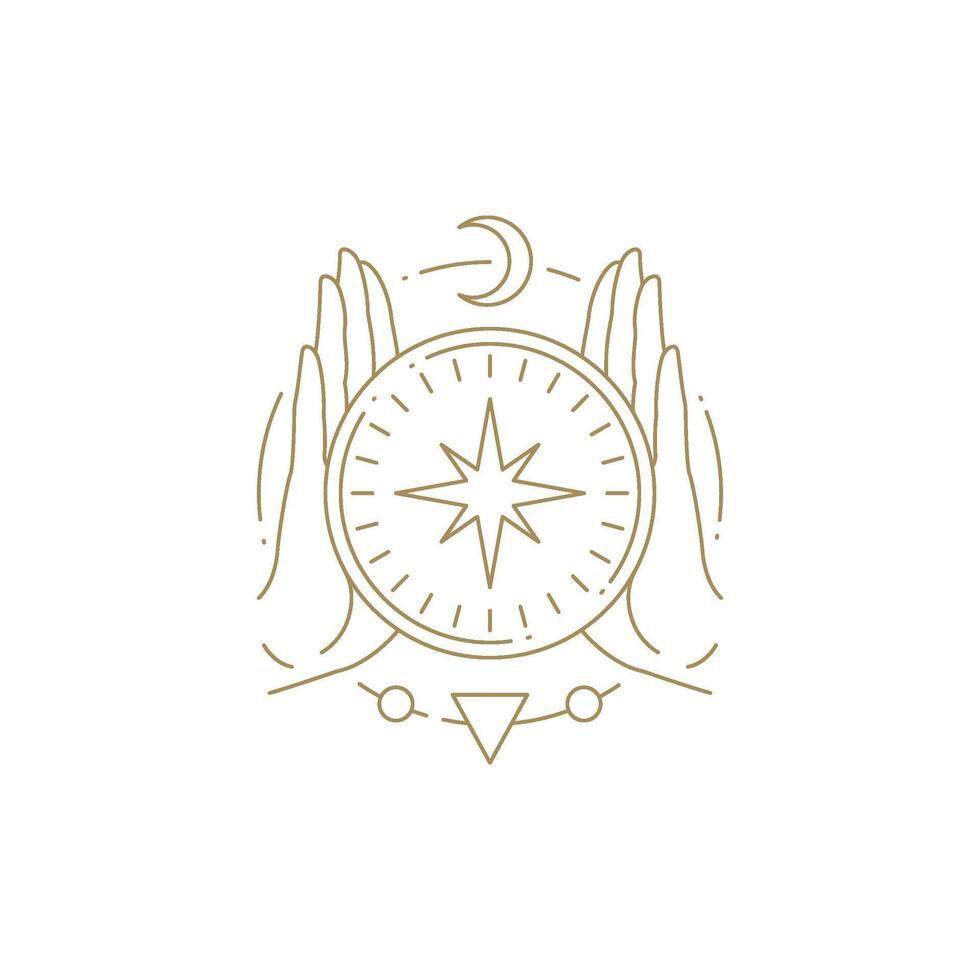 Esoteric human hands occultism compass half moon star magic monochrome emblem line icon vector