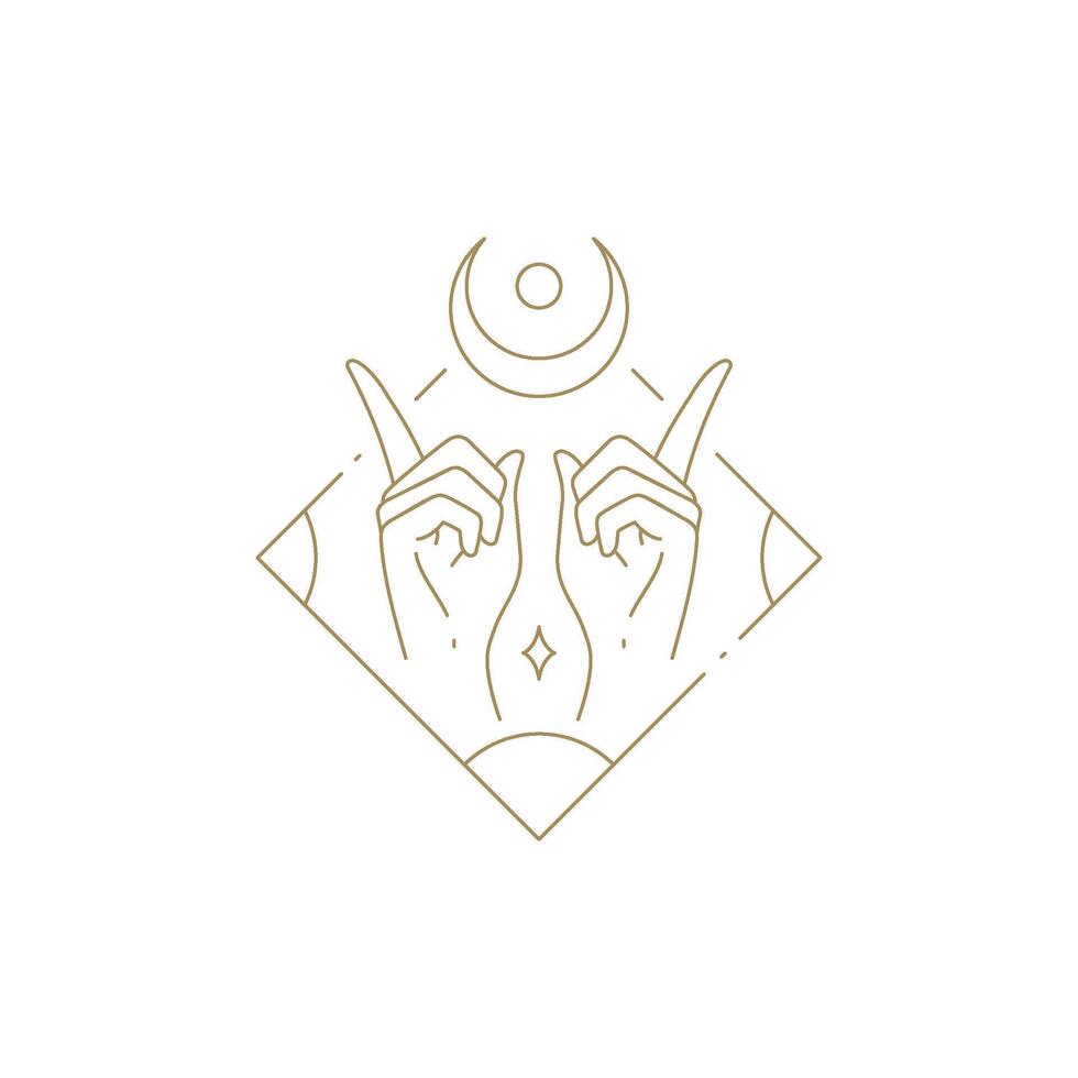 Esoteric human hands pointing forefingers to half moon and star line art monochrome icon vector