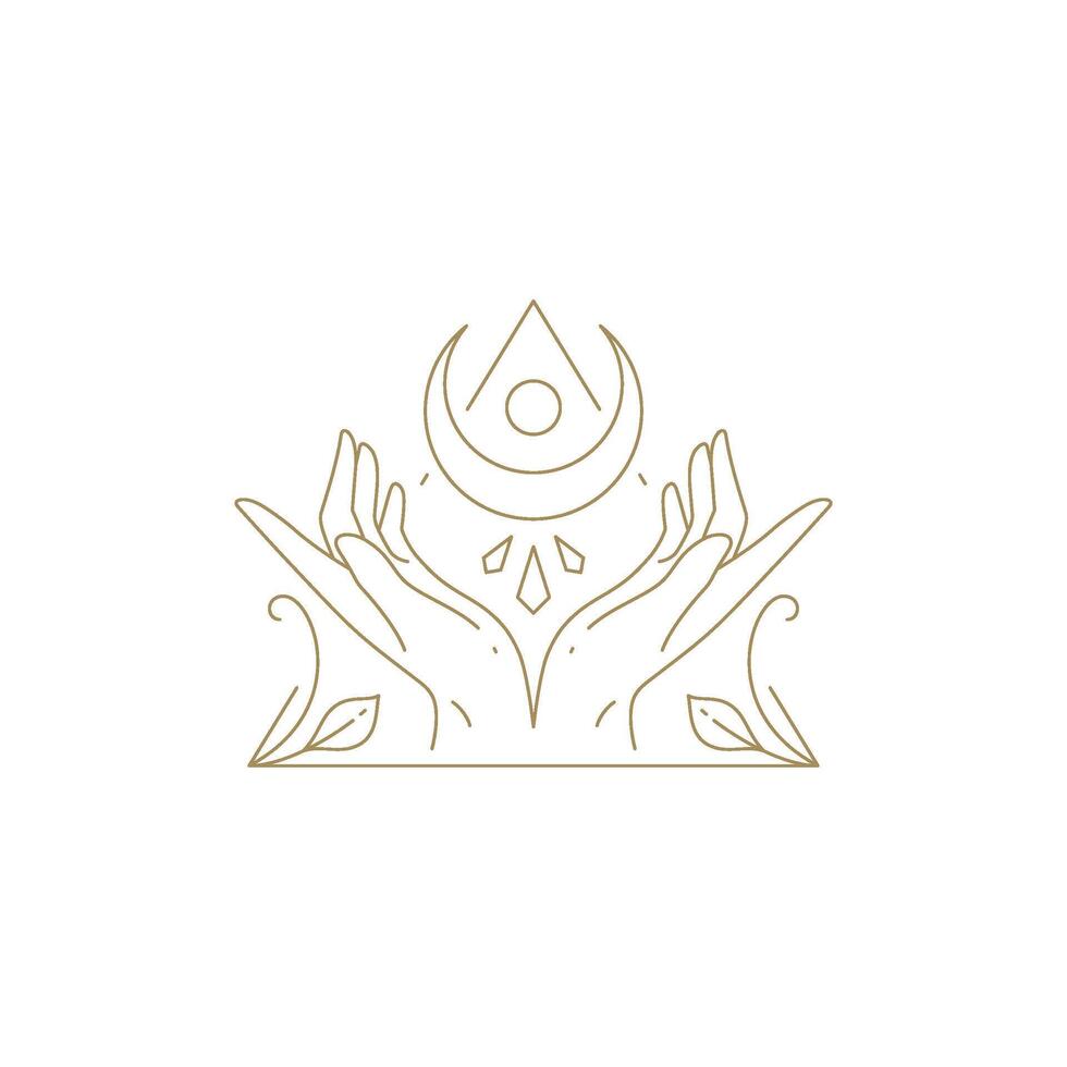 Esoteric human hands with half moon star in botanical spring blossom frame line icon vector