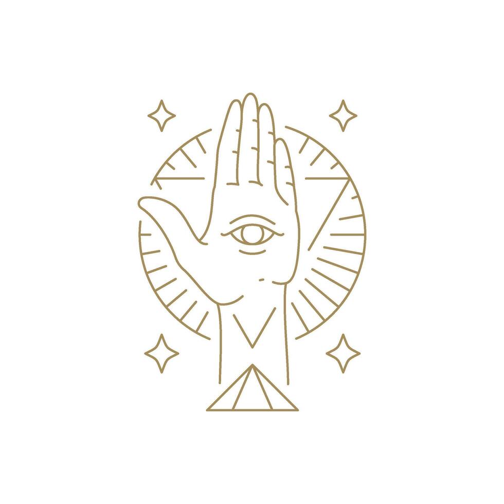 Magic human palm with all seeing eye pyramid circle triangle frame with shining stars line icon vector