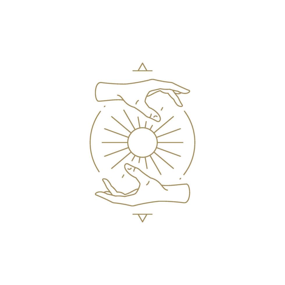Human hands holding bright sun in circle frame monochrome decorative design line art icon vector