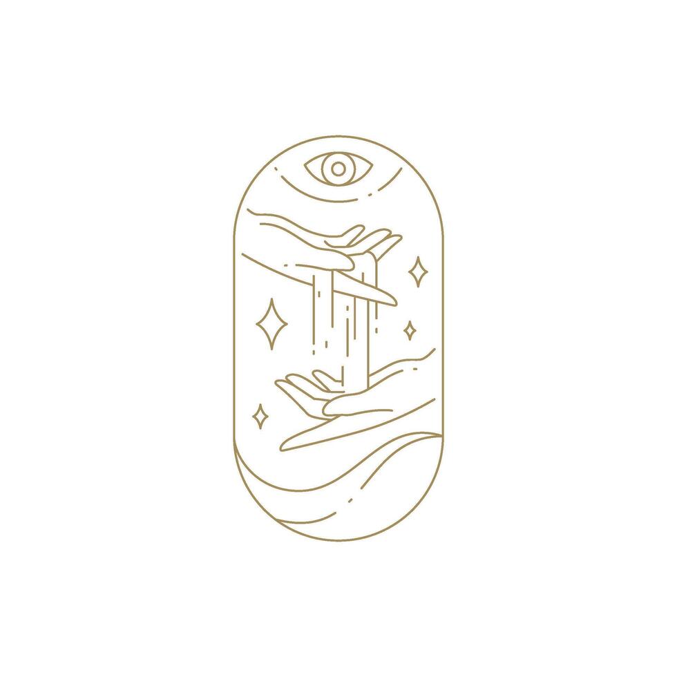 Esoteric human hands pouring pure water with magic all seeing eye and stars circle line icon vector