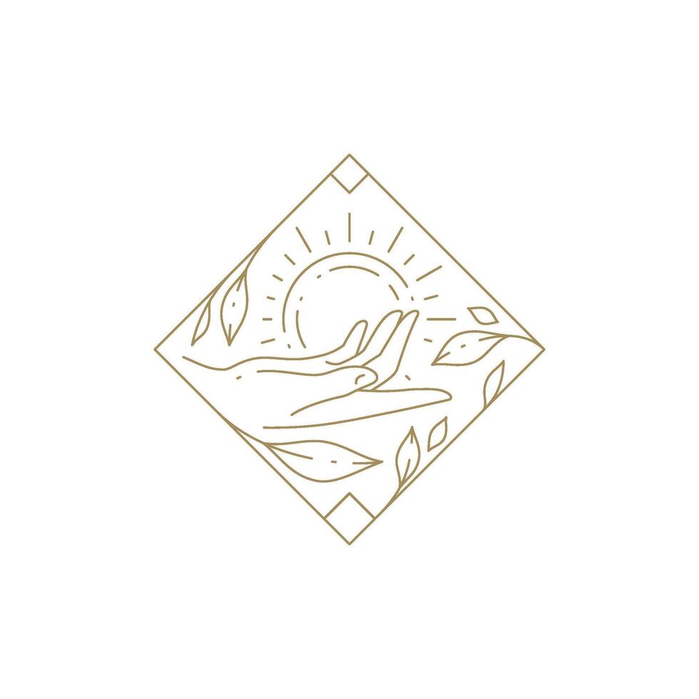 Elegant human palm holding bright nature sun botanical blossom square frame line icon vector