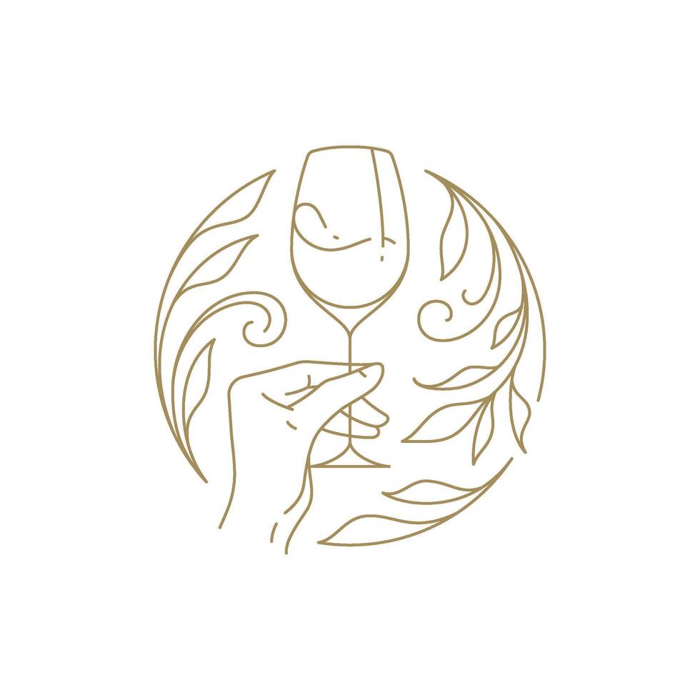 Human hand holding wine goblet at blossom spring botanical circle frame romantic line icon vector