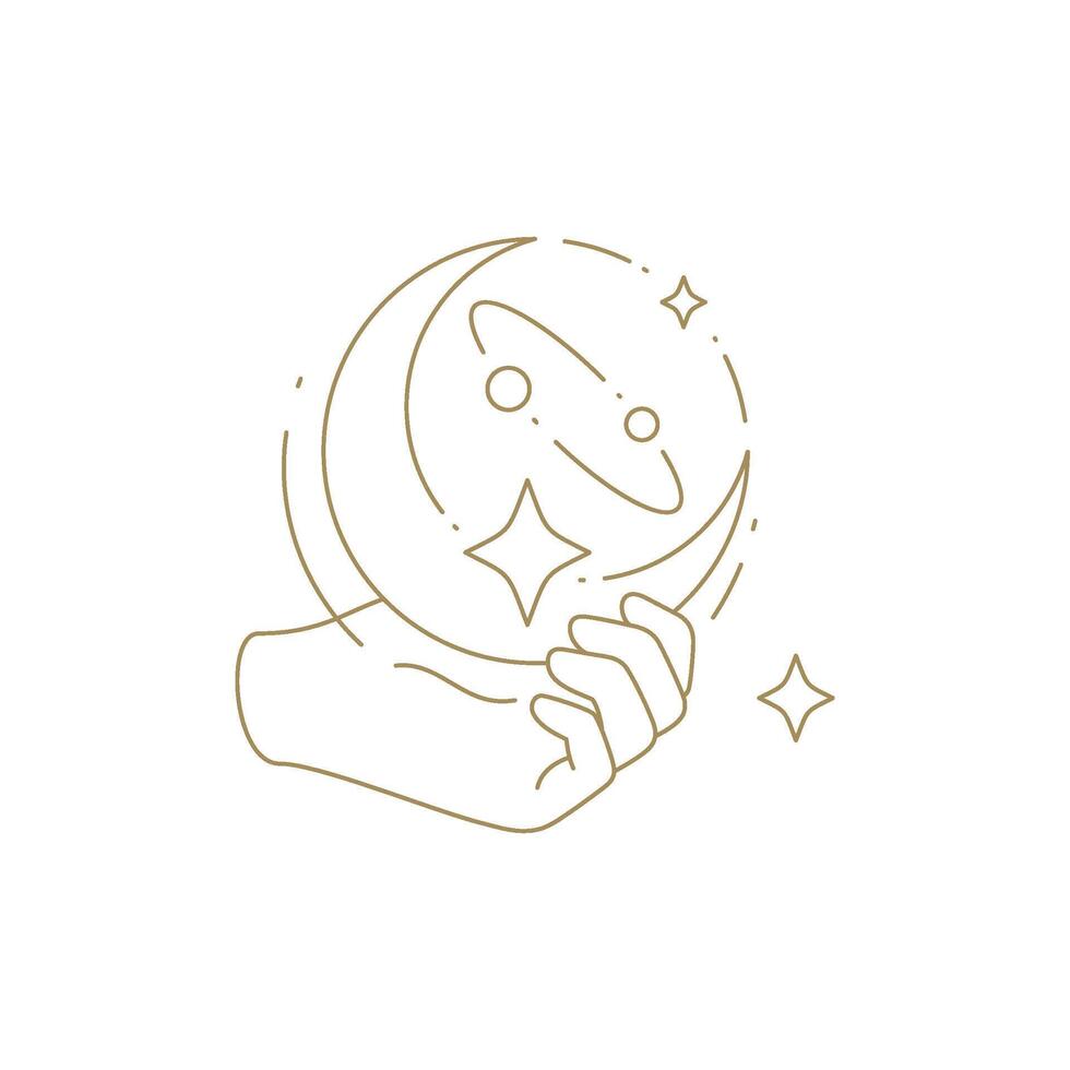 Minimalist human hand half moon star esoteric galaxy planet line art icon illustration vector