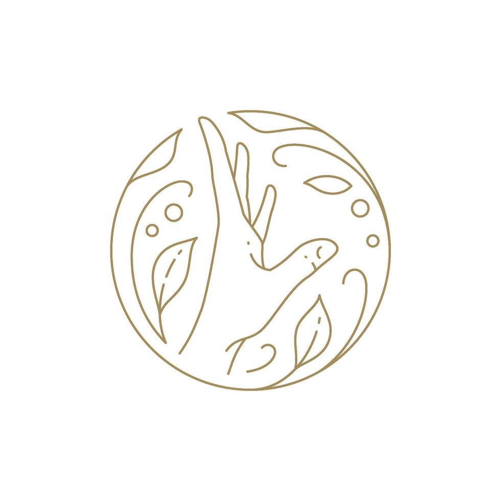 Organic human hand with spring blossom floral circle frame golden minimalist line icon vector
