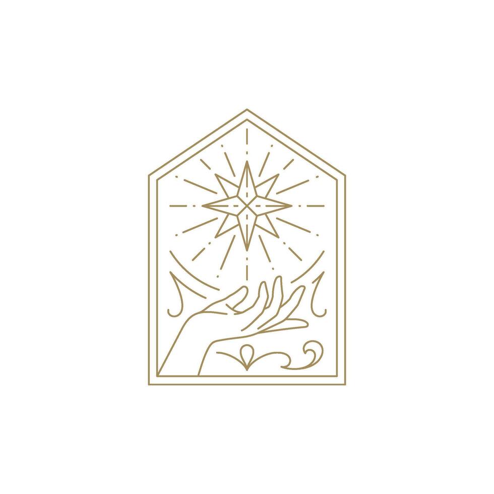 Human hand with esoteric bright spiritual star geometric frame decorative design line icon vector