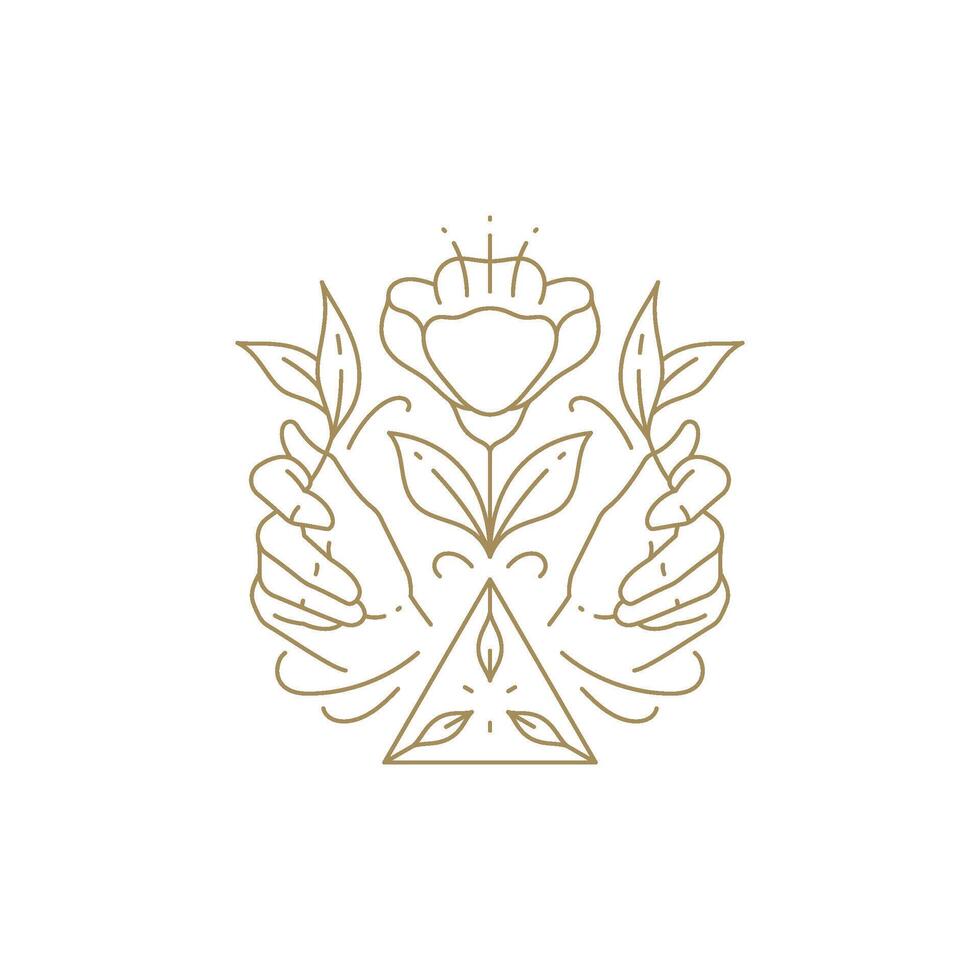 Human hands holding abstract blossom flower triangle frame spring decorative design line icon vector