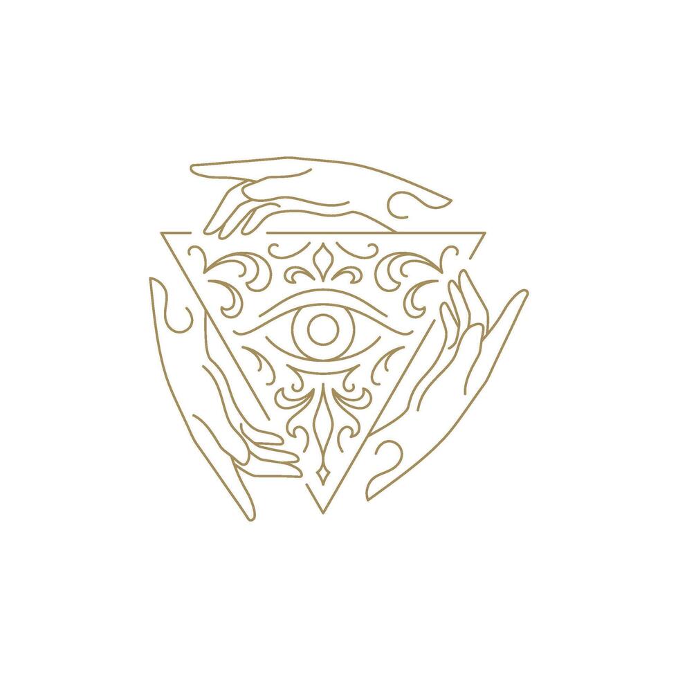 Magic human hands triangle curved frame occultism symbol with all seeing eye line art icon vector