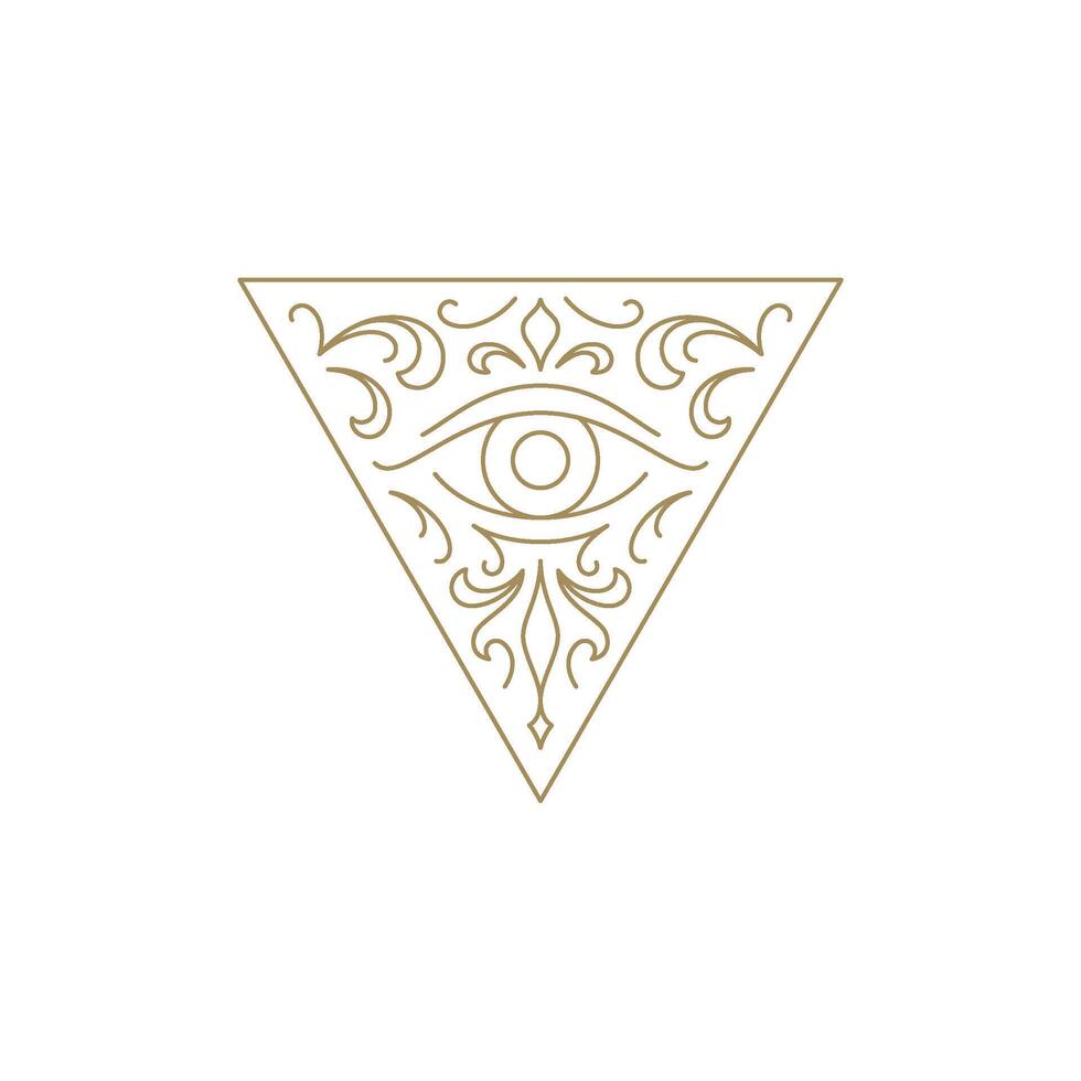 Occultism all seeing eye in curved vintage triangle frame antique line art icon illustration vector