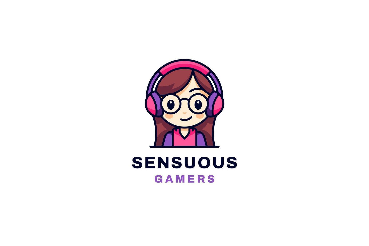 Cute baby girl game playing in headphones portrait contoured logo design template flat vector