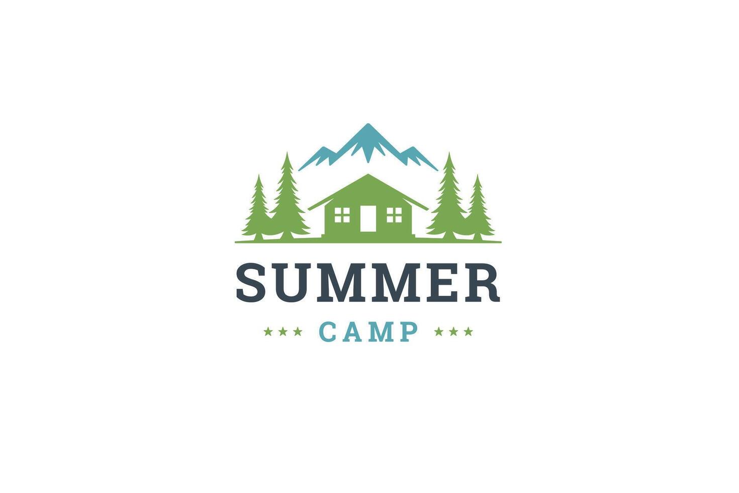 Summer camp expedition logo design template green forest hut mountain flat illustration vector