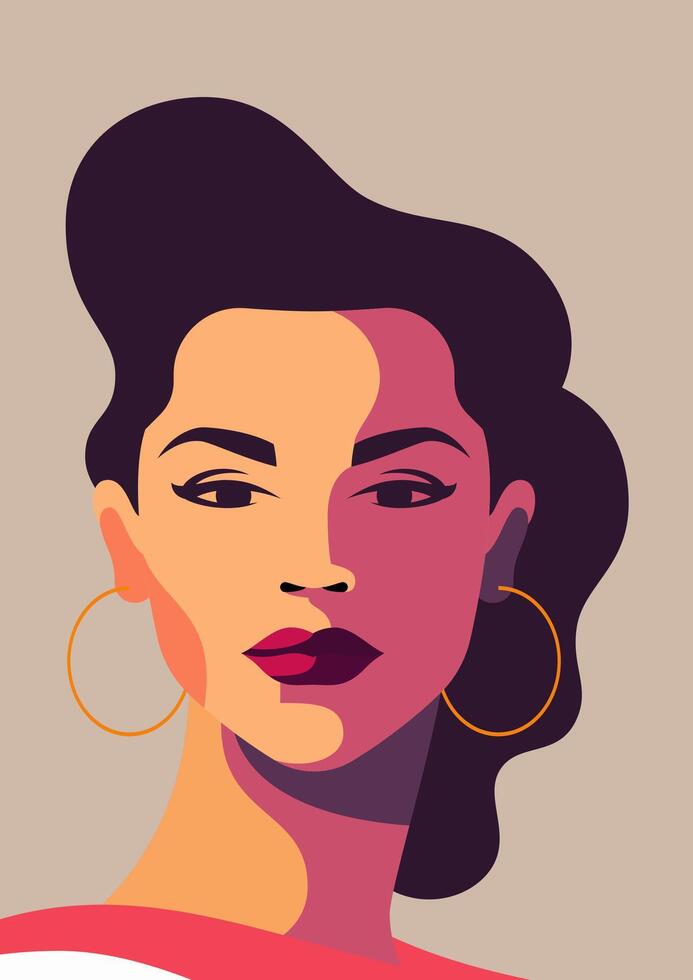 Beauty brunette woman retro hair pastel color portrait feminism power concept poster flat vector