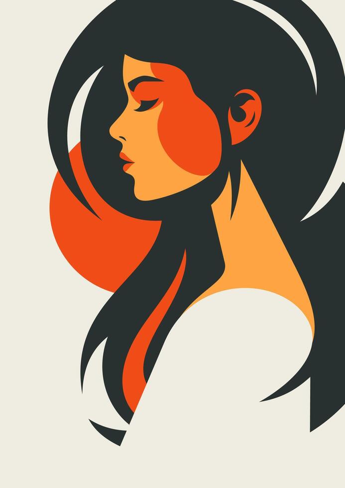 Brunette woman waving hair abstract autumn terracotta paint spot minimal artwork poster flat vector