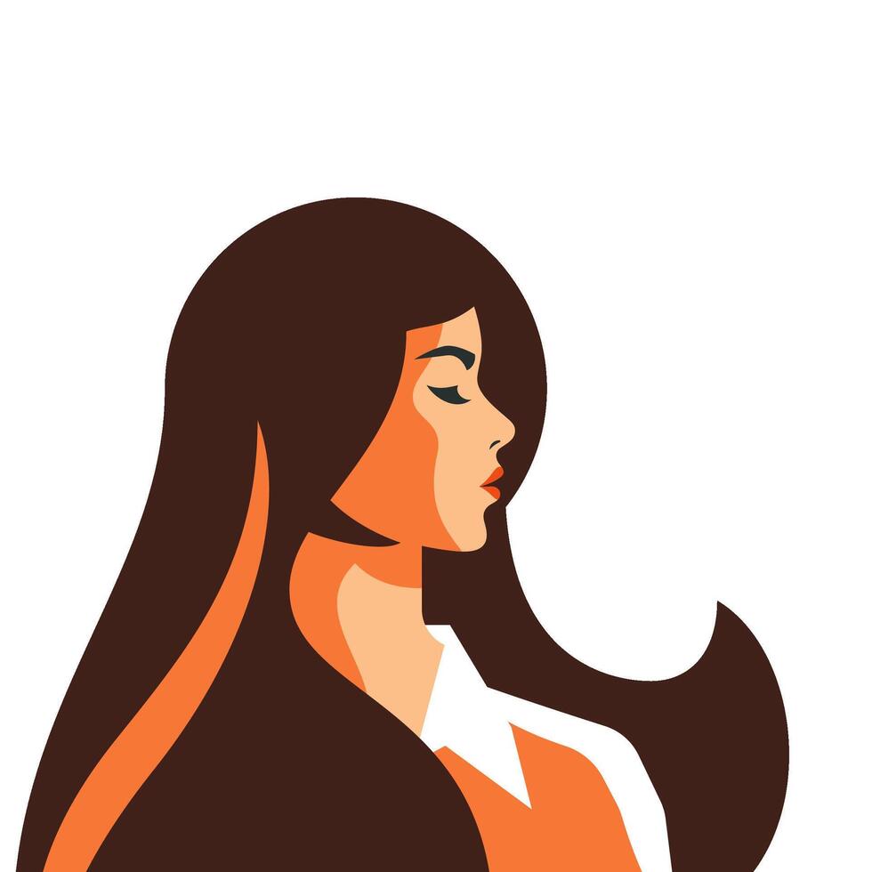 Strong brunette woman with waving long hair pop art pastel paint color avatar flat vector