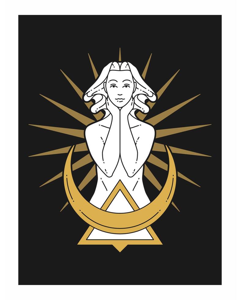 Mythology naked woman mythic esoteric witch half moon abstract geometric shape poster flat vector