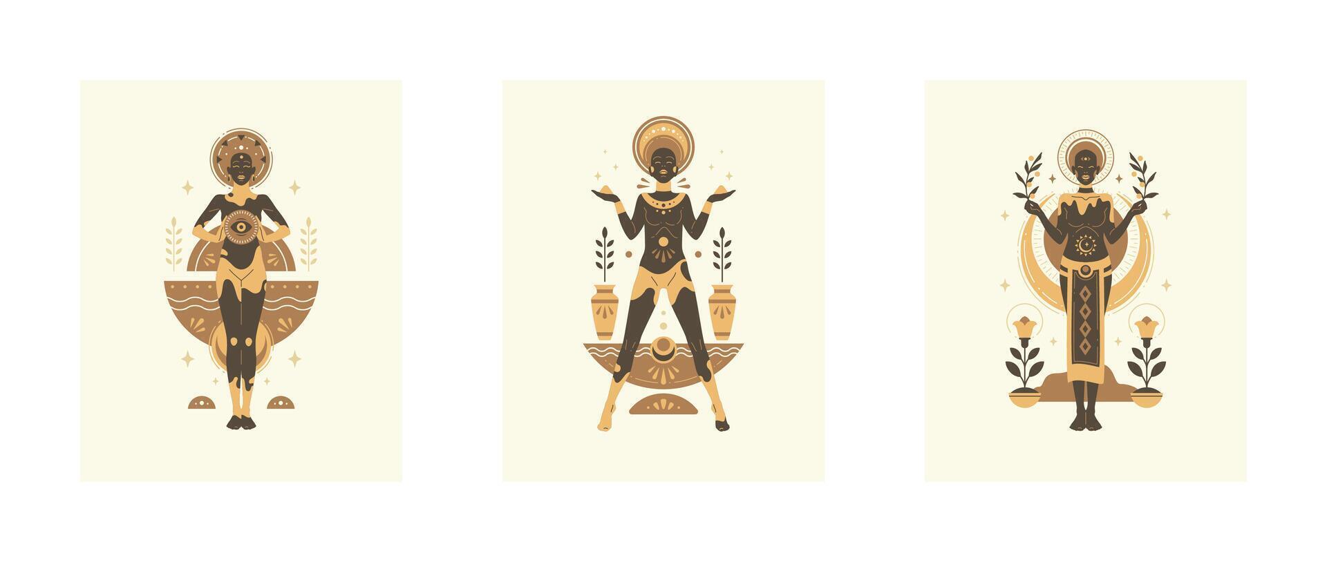 Esoteric African boho woman harmony sacred mythology ethnic culture poster set flat vector