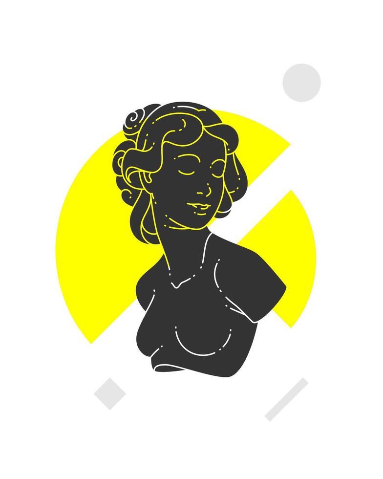 Greek antique woman bust mythology goddess line silhouette yellow geometric shape poster flat vector