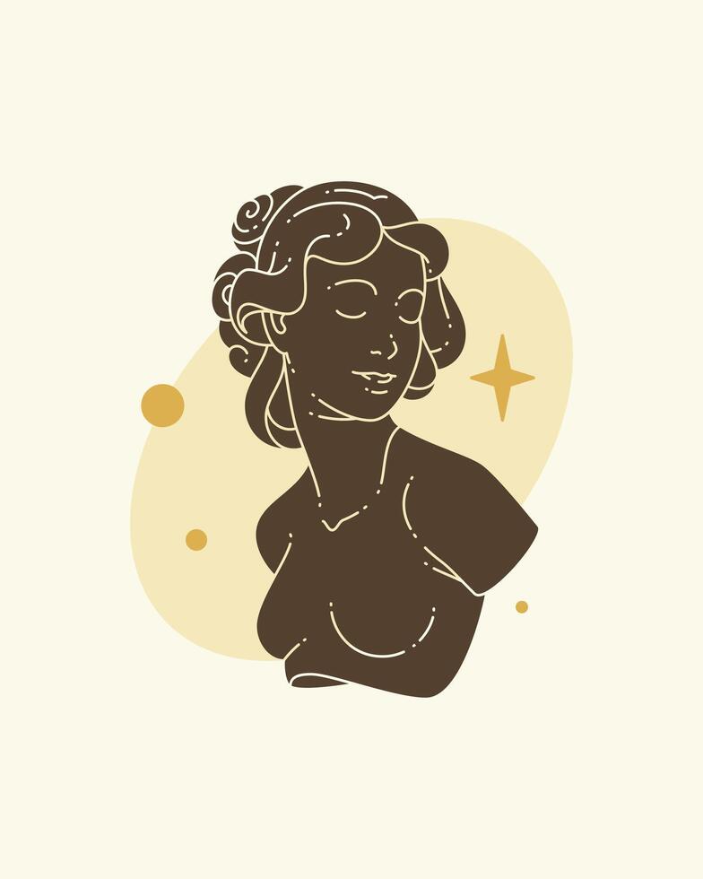 Antique female goddess bust elegant Greek statue black line silhouette vintage poster flat vector