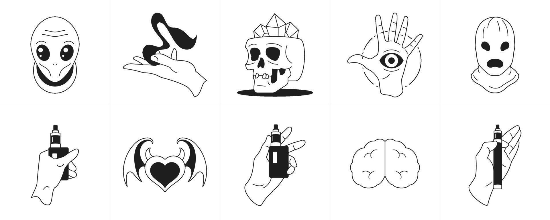 Psychedelic trendy monochrome line cartoon characters groovy style icon set illustration vector