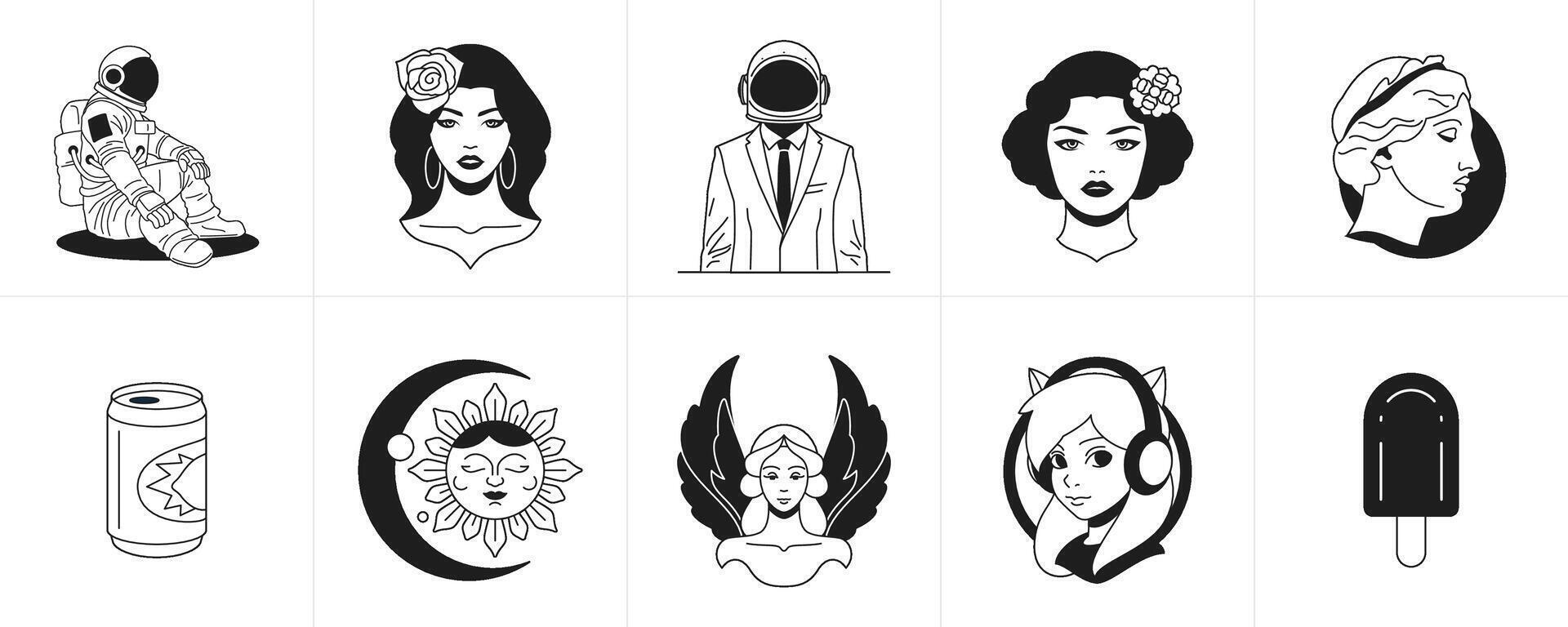 Trendy surreal monochrome line cartoon characters groovy icon set illustration vector