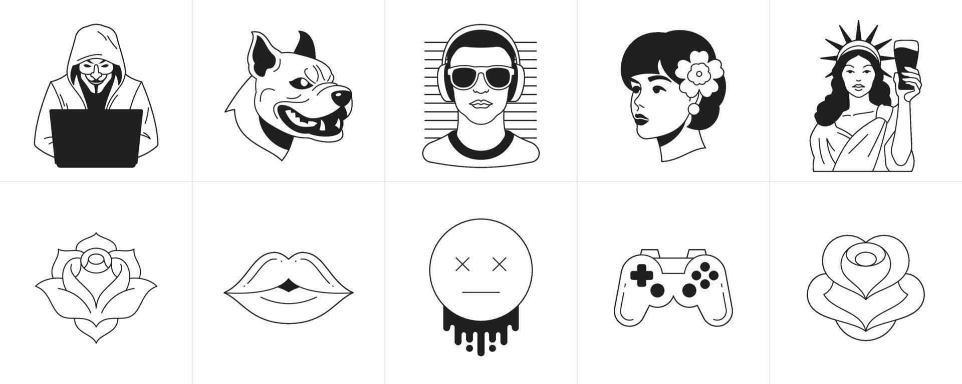 Surreal retro groovy cartoon characters monochrome elements line tattoo icon set illustration vector