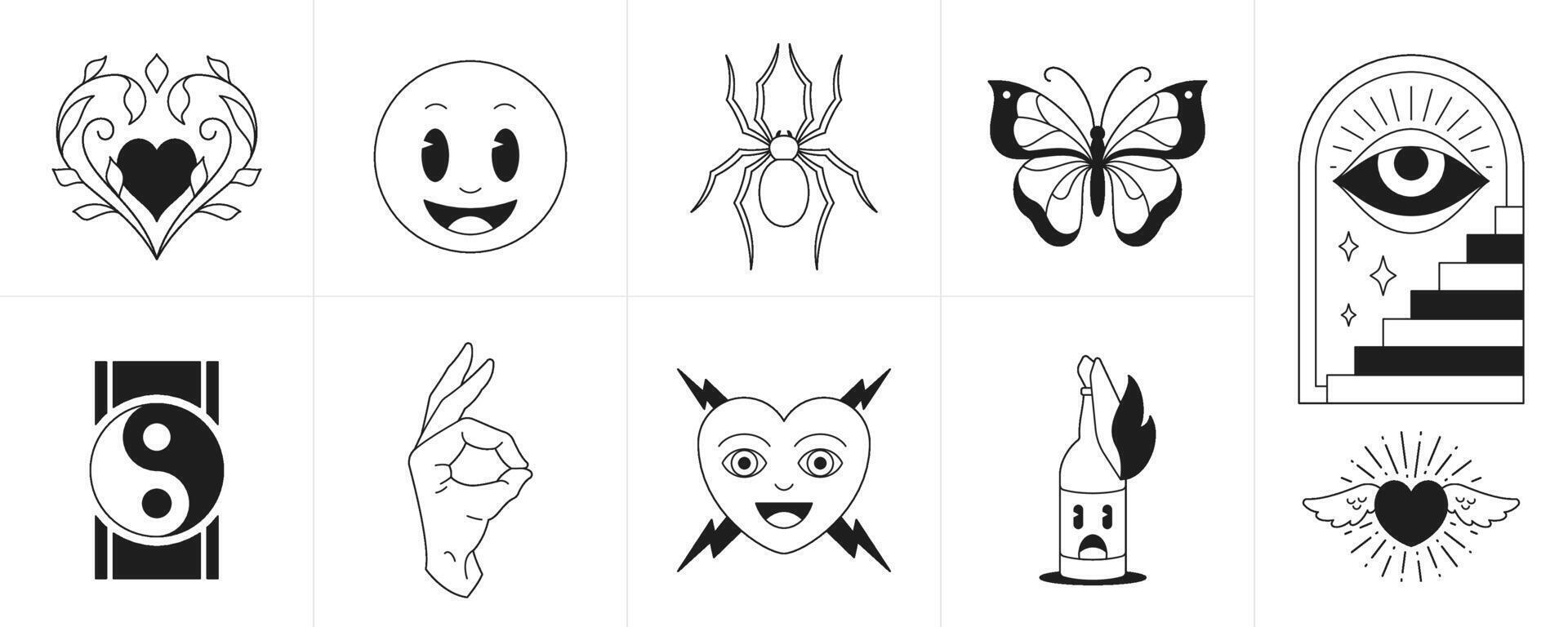 Retro groovy monochrome cartoon characters and elements trendy tattoo icon set vector