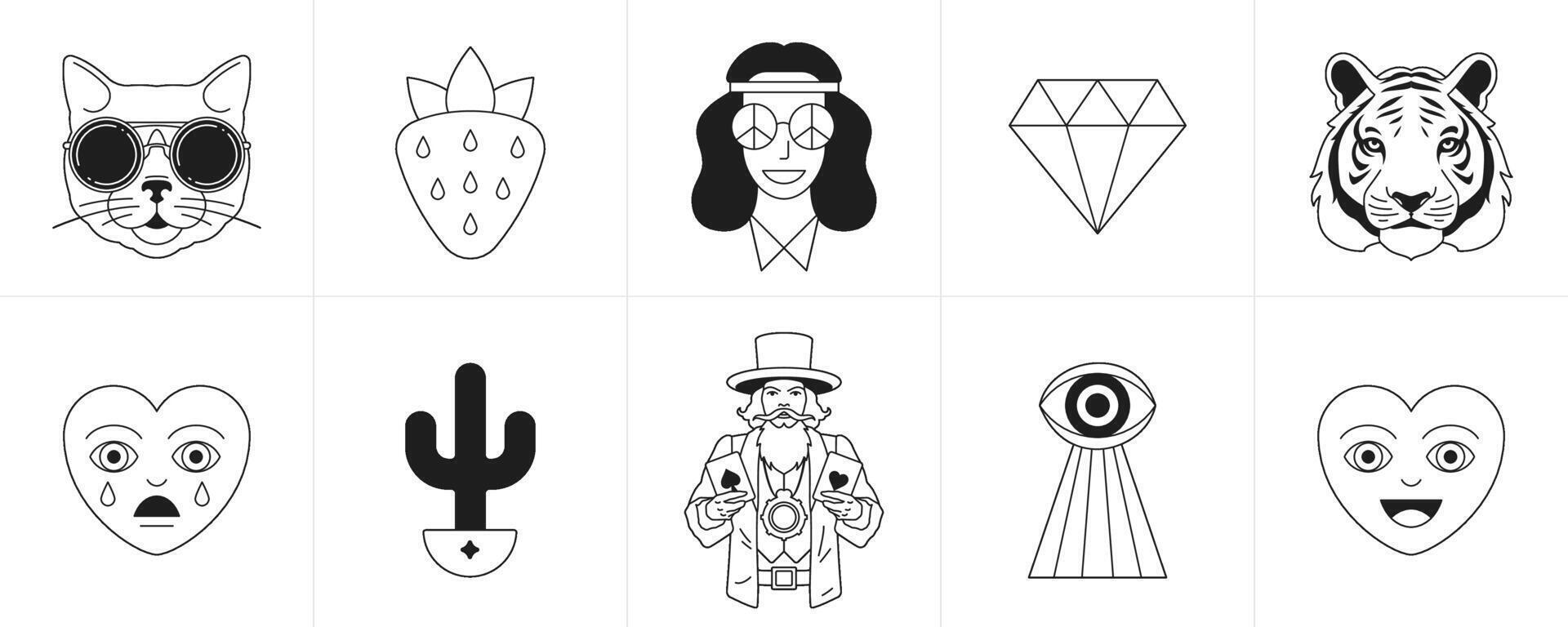 Surreal retro groovy monochrome cartoon characters minimal line icon set illustration vector