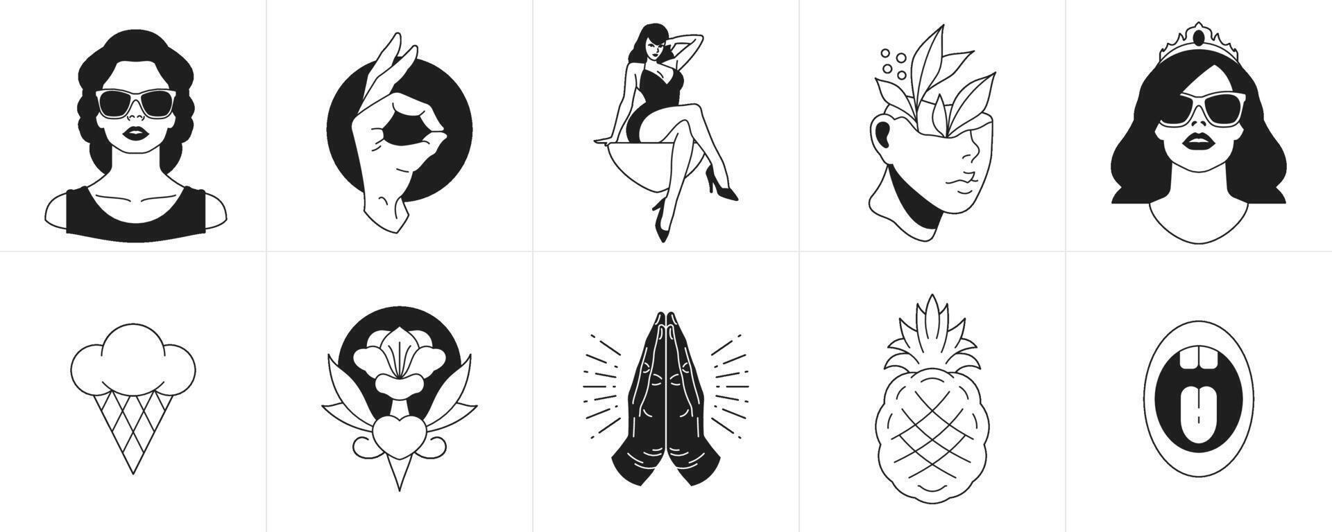 Retro groovy monochrome stickers tattoo cartoon characters and elements icon set vector