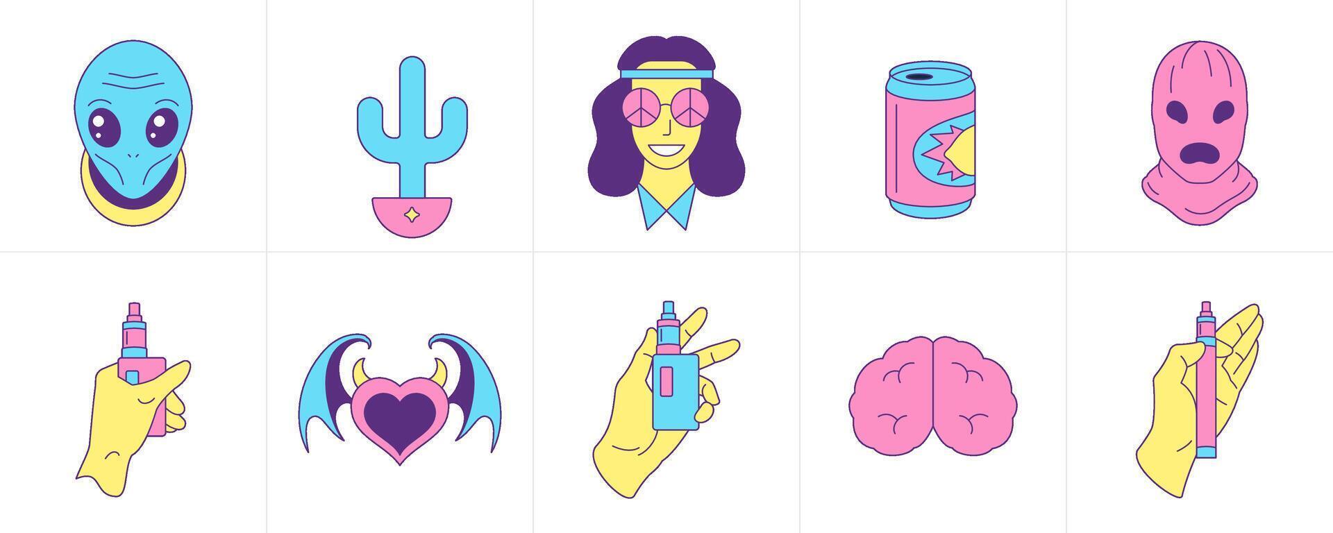 Trendy psychedelic weird surreal contoured icon groovy style set flat illustration vector