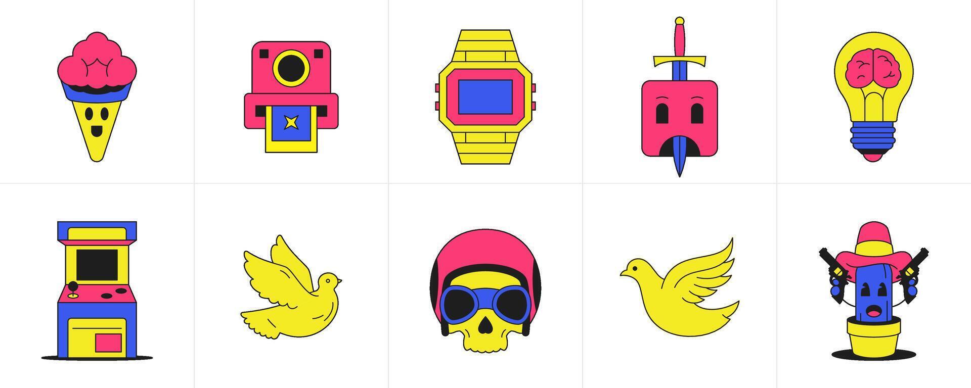 Psychedelic groovy icon cartoon elements funky weird art sticker set flat illustration vector