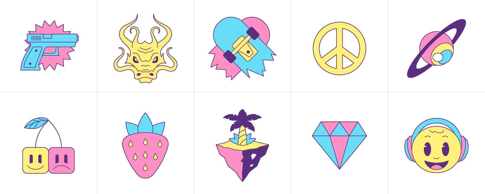 Surreal trendy cartoon characters psychedelic elements groovy icon set flat illustration vector