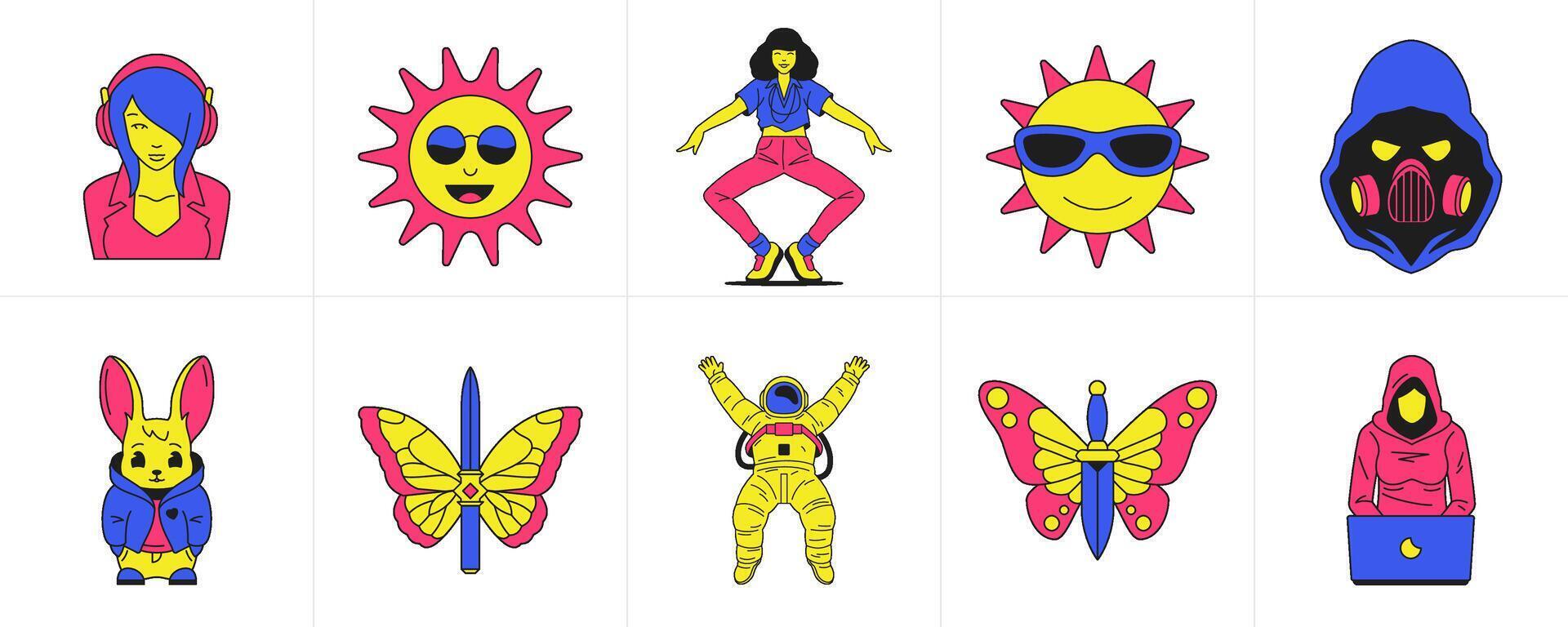Funky pop art cartoon characters trendy sticker surreal elements groovy style icon set flat vector
