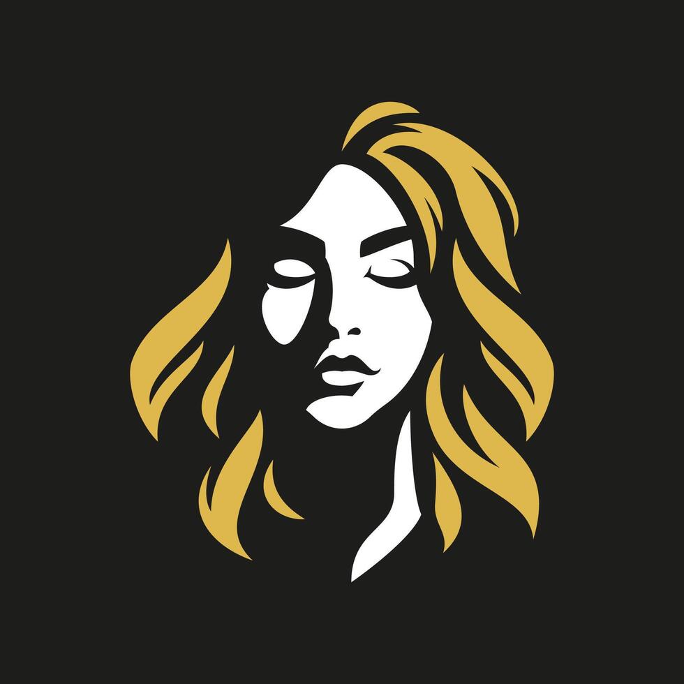 Cute romantic blonde woman face shadow art silhouette logo for beauty salon flat vector
