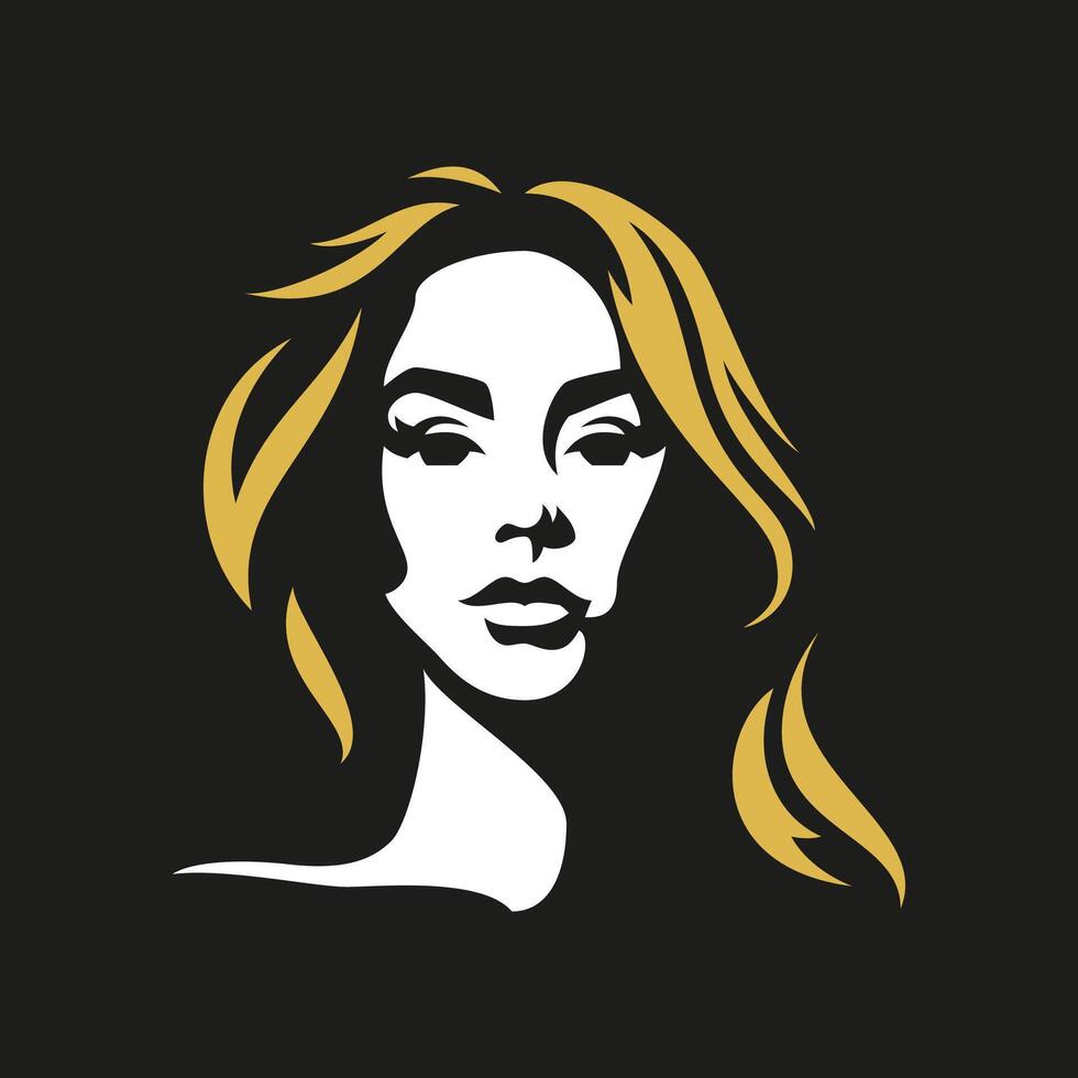 Fashion woman portrait with long golden hair stylish silhouette logo for makeup artist flat vector