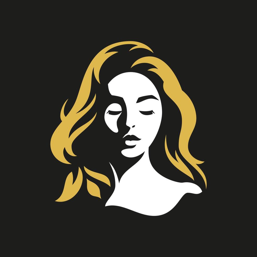 Elegant woman head with long golden hair face skin care beauty logo for cosmetologist flat vector
