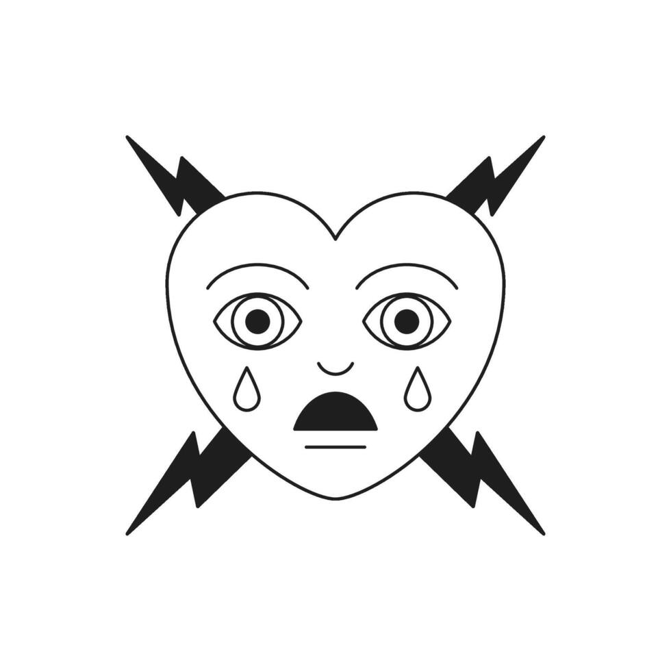Y2k sad crying heart with lightning monochrome line cartoon character groovy icon vector