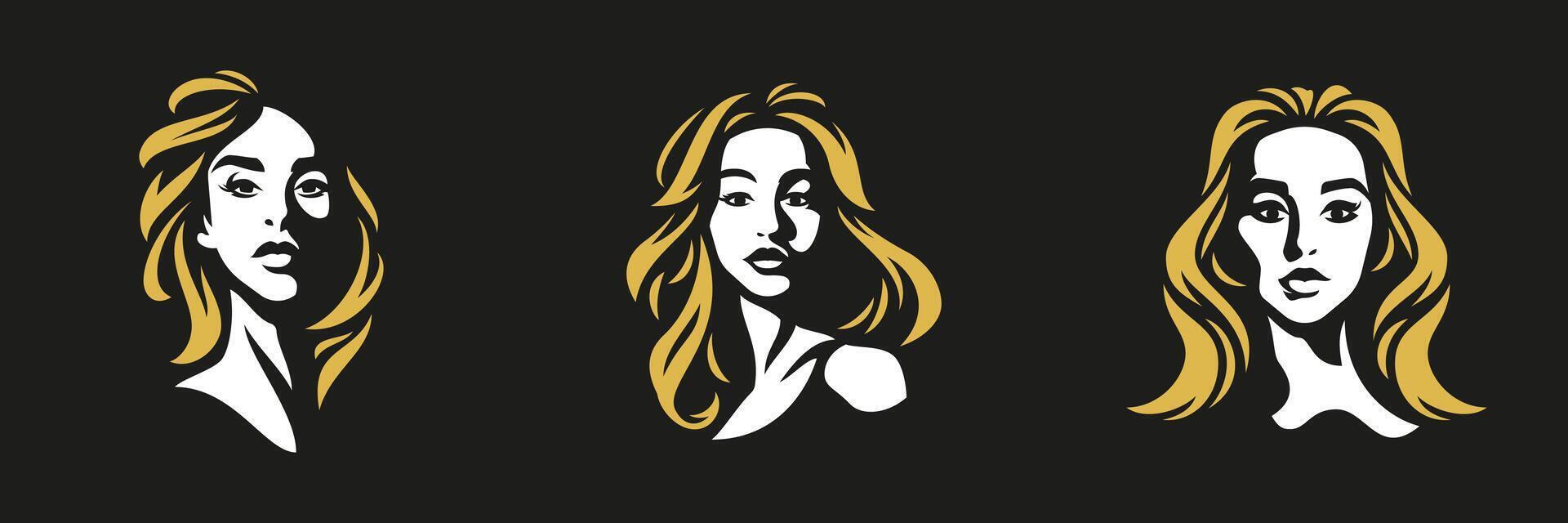 Blonde young woman abstract minimalist portrait logo for cosmetologist stylist set flat vector
