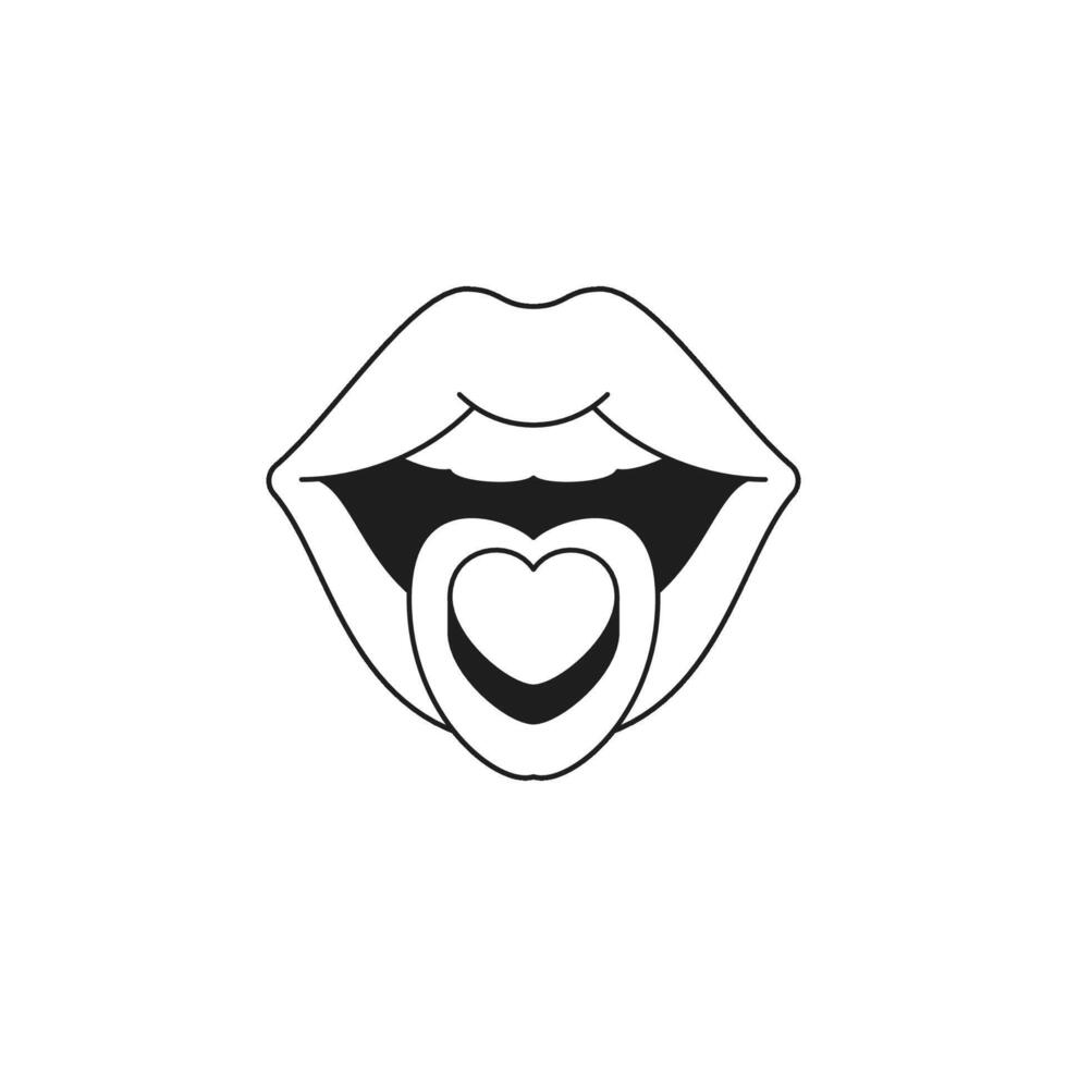 Y2k psychedelic woman lips with heart monochrome line retro groovy icon illustration vector