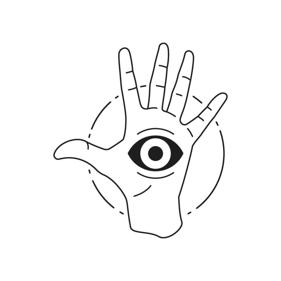 Y2k sacred mythology spiritual hand with eye monochrome line retro groovy icon vector