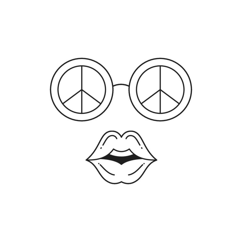 Y2k fashion hippie eyeglasses with lips peace love comic monochrome line retro groovy icon vector