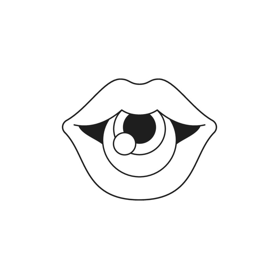 Y2k psychedelic female lips with eye bullseye monochrome line groovy icon illustration vector