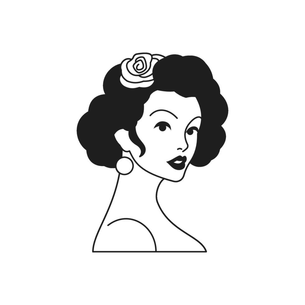 Y2k beautiful retro woman portrait with rose flower in hair monochrome line groovy icon vector