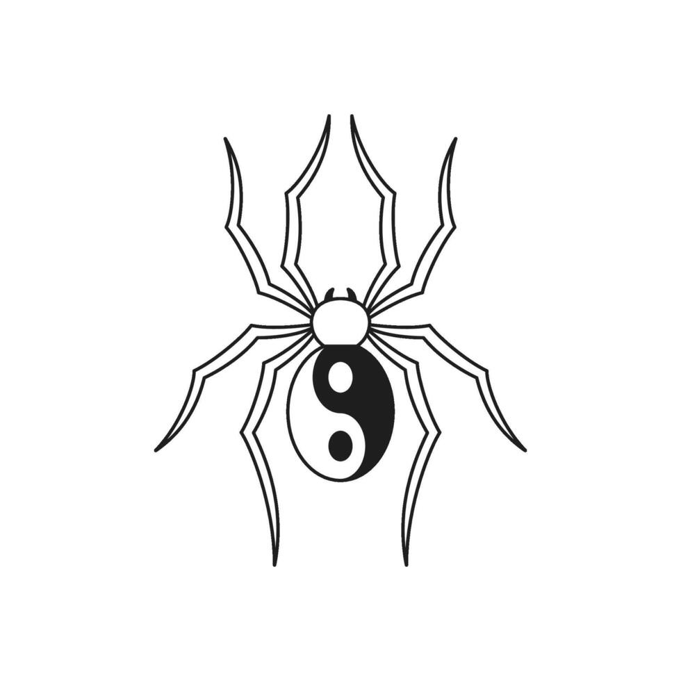 Y2k spider with yin yang harmony balance symbol monochrome line groovy icon illustration vector
